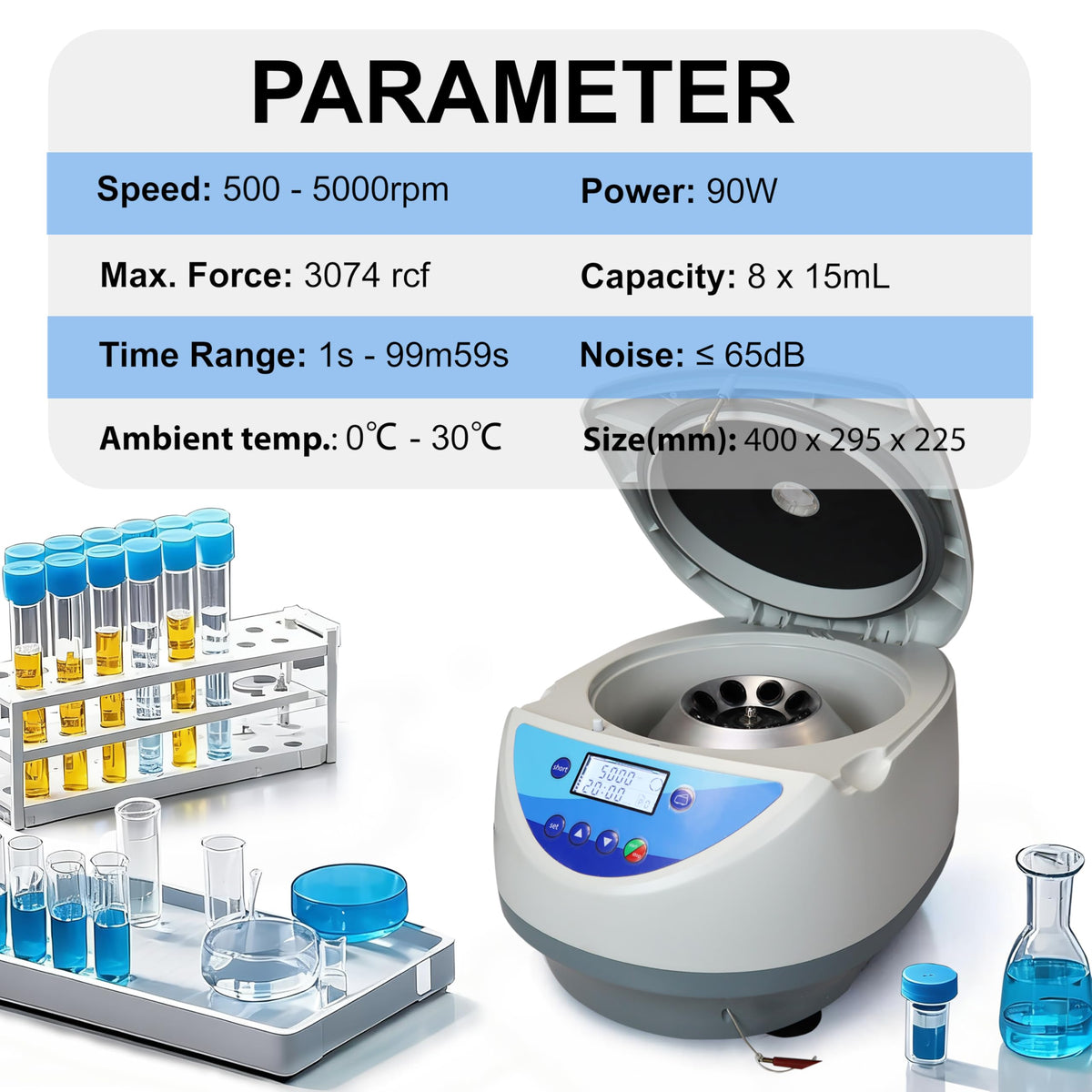 Vision Scientific VS-TC-SPINPLUS-8 Digital Bench-top Centrifuge | 500-5000rpm (Max. 3074xg) | LCD Display | Includes 15ML X 8 Rotor
