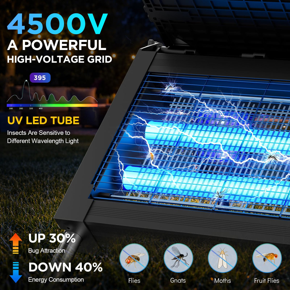 Solar Bug Zapper Outdoor, 4500V Outdoor Mosquito Zapper with Detachable Fold-Down Solar Roof Panel, IPX5 Waterproof Solar Powered Bug Zapper for Patio Yard Garden Backyard Camping, Hanging Stake Use