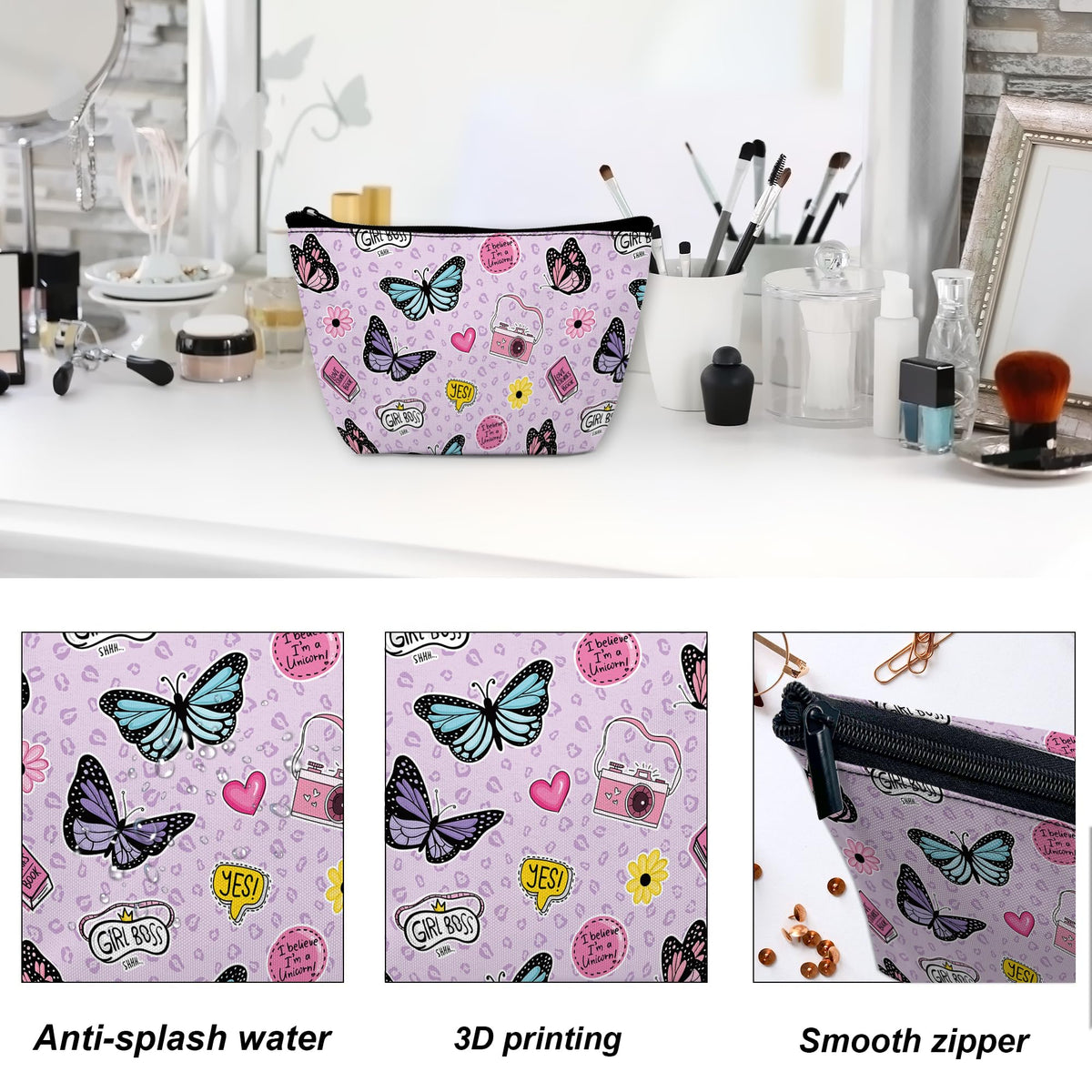 DEMACYA Makeup Bag for Purse, Waterproof Funny Cute Cartoon Butterflies Cosmetic Bag for Women, Zipper Travel Toiletry Pouch Gift 9.5×5.9 Inch