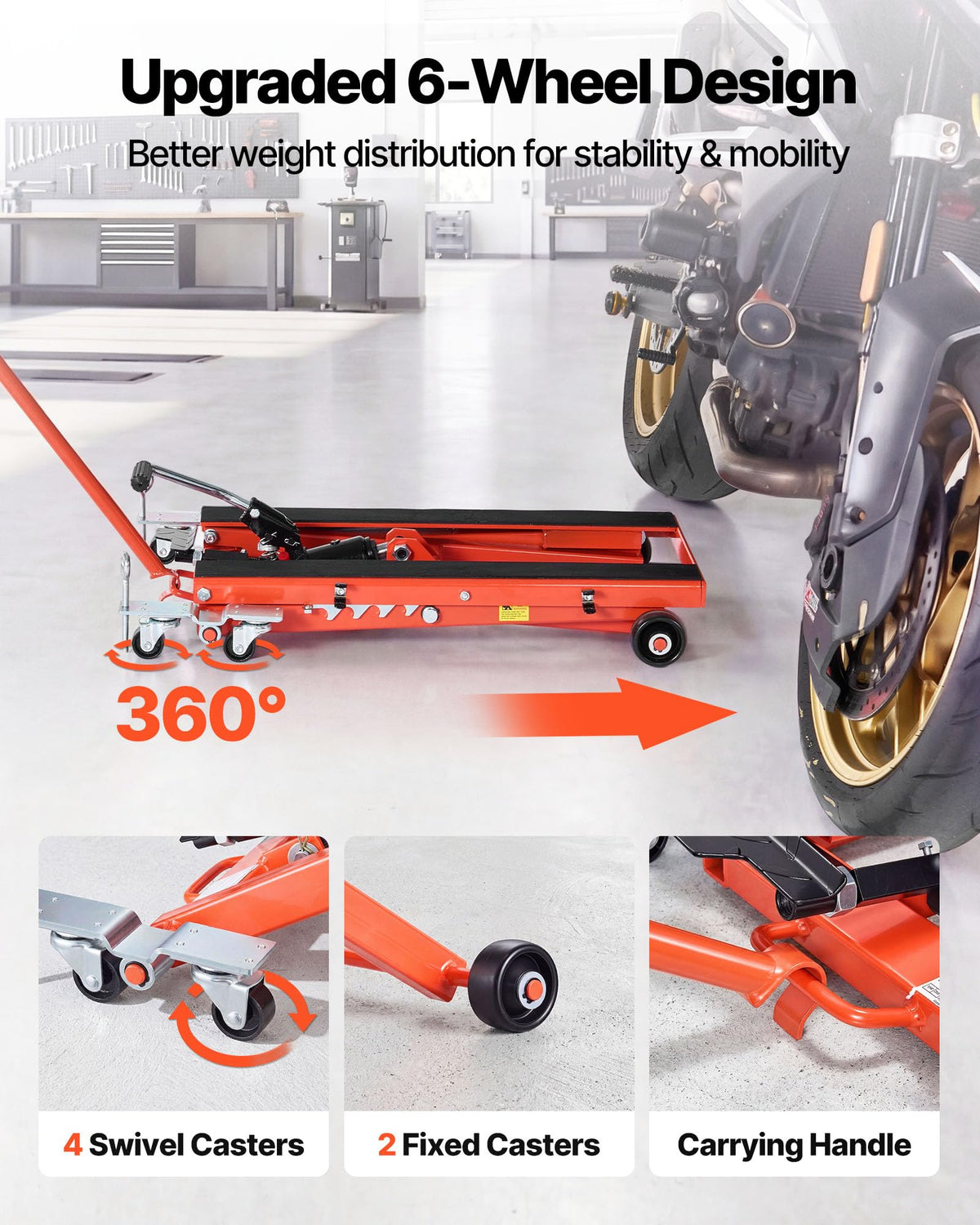 VEVOR Hydraulic Motorcycle Lift Jack, 1100 lbs Capacity, Scissor Lift Jack Portable Motorcycle Hoist Stand with 6 Wheels, 4.72"-15.15" Height Range, Hydraulic Foot-Operated Hoist Stand for Dirt Bikes