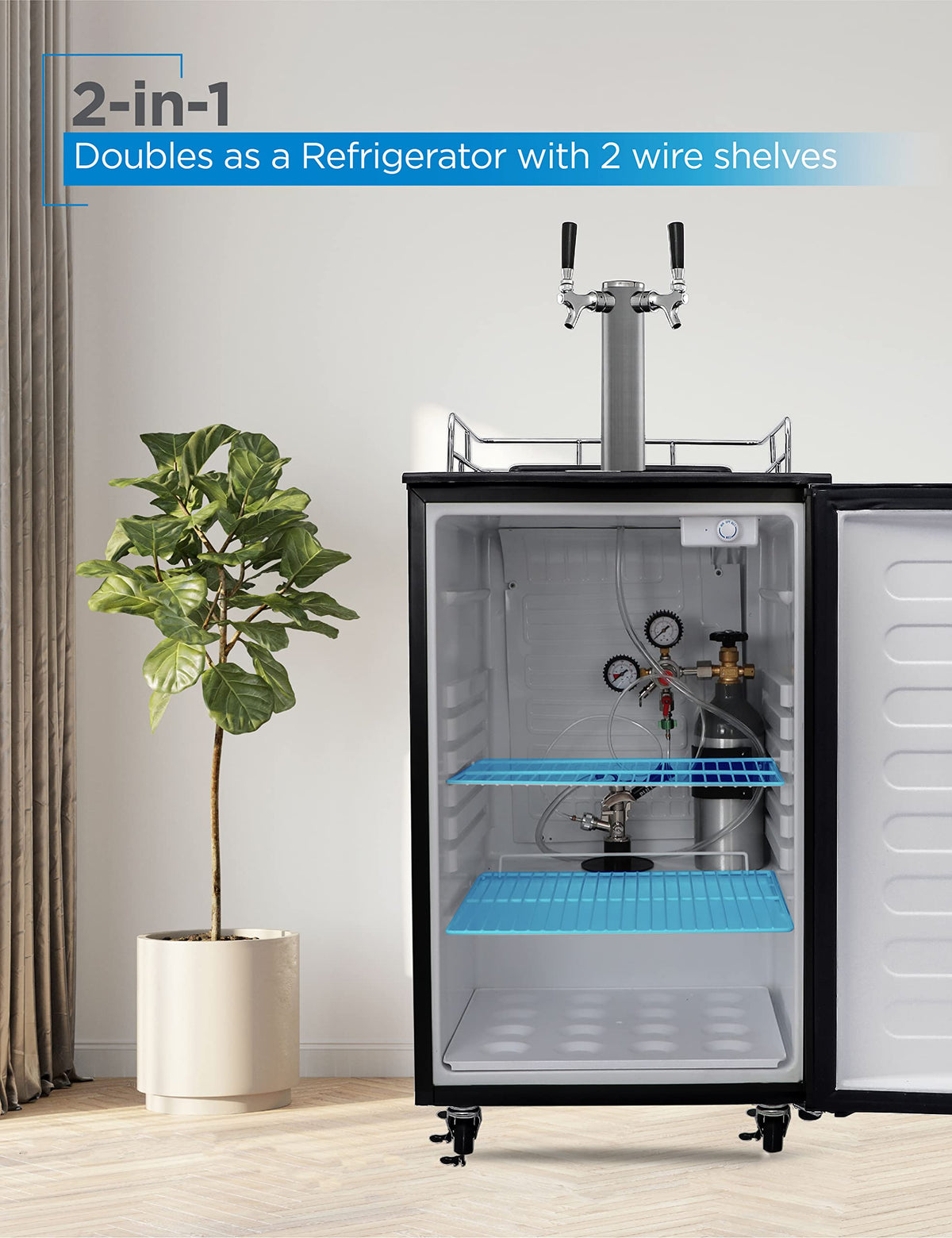 BLACK+DECKER Beer Kegerator, 6.1 Cu. Ft. Extra Large Capacity Draft Beer Machine for Home with Double Tap & 2-Shelf Fridge