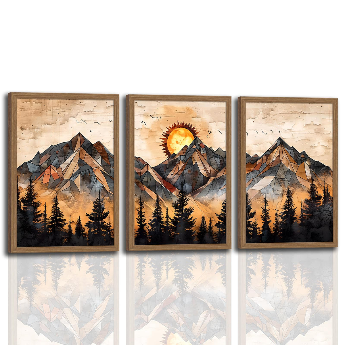 soonkiss Warm Tone Geometric Mountain Wall Art Set of 3, Abstract Sunset Forest Canvas Prints, Boho Nature Wall Decor for Living Room Bedroom Office 12x16 Inch