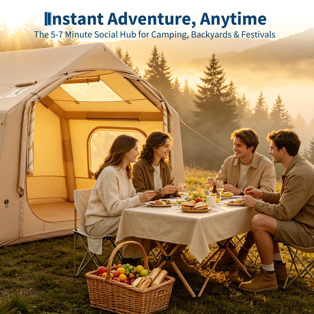 Inflatable Camping Tent for 3-5 Person, Quick Setup Blow Up Tent with Hand Pump, 210D Oxford Air Glamping Tents with Skylight & Stove Jack, 4 Season for Outdoor Camping, Beach, Hiking