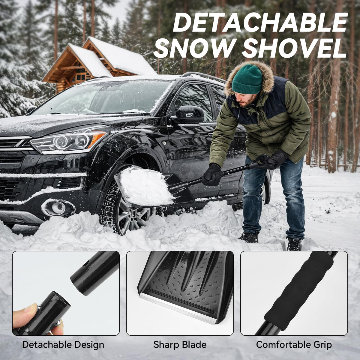 Car Emergency Safety Kit Bag with Digital Air Compressor,Jumper Cables,First Aid Kit, Winter Vehicle Roadside Safety Kit with Detachable Snow Shovel, for Women, Men, Teen
