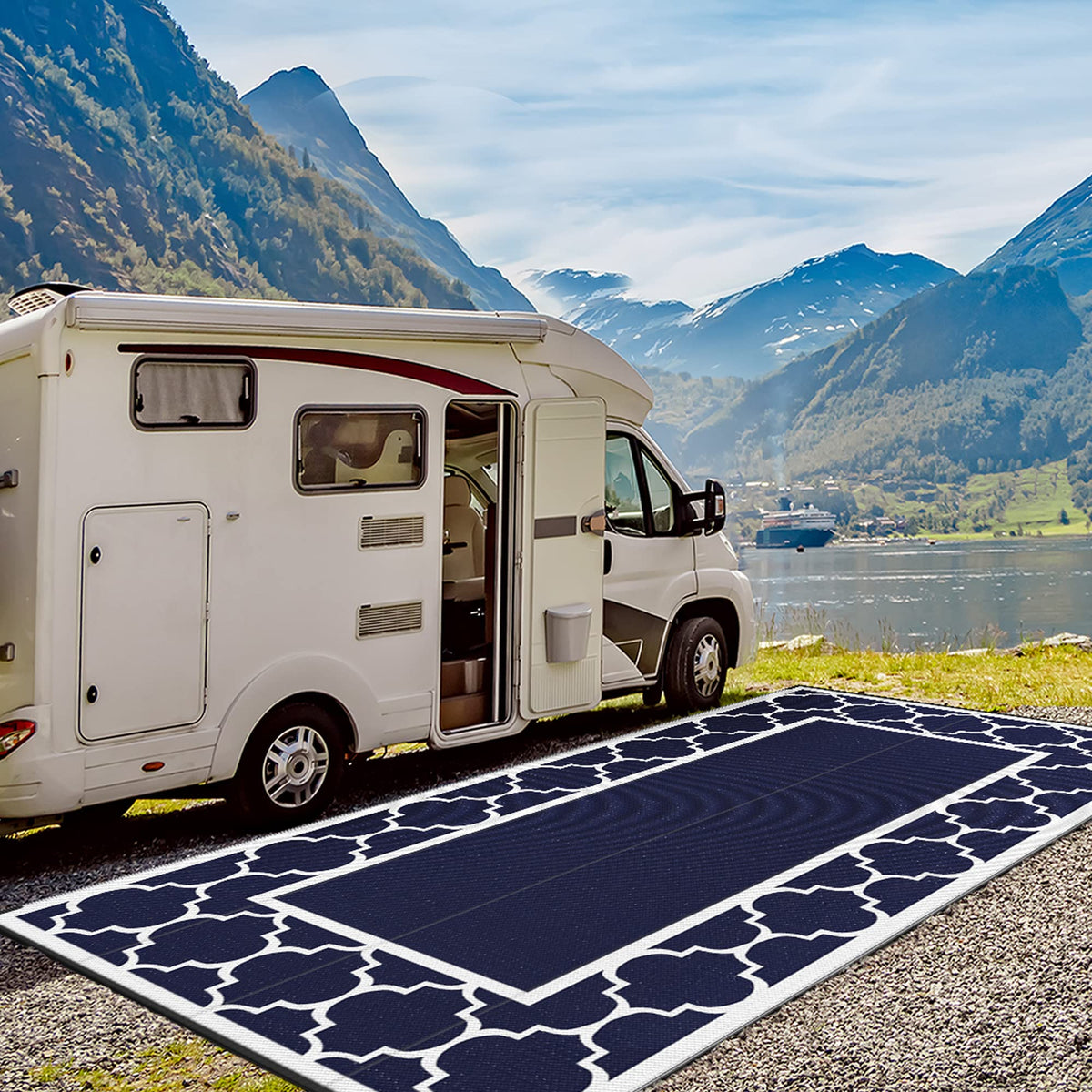 GENIMO 10 ' x 20 ' Outdoor Rug Waterproof for Patio Decor, Foldable Reversible Plastic Straw Area Rugs Mat for Camper, Outside Carpet for Rv, Deck, Porch, Picnic, Beach, Balcony, Blue & White