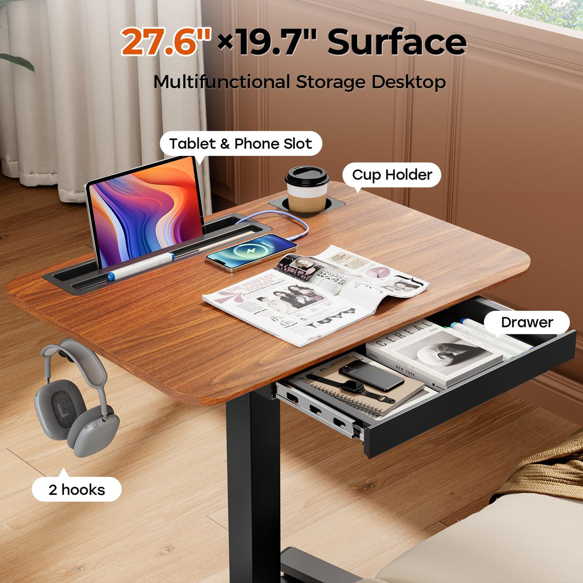 JYLH JOYSEEKER Mobile Standing Desk, 28" Height Adjustable Rolling Desk with Lockable Stem Casters, Dark Wood