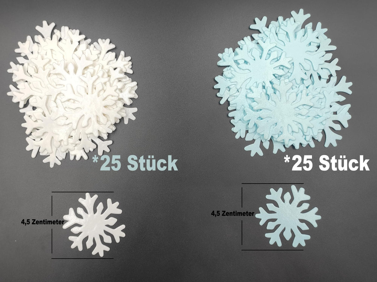 50pcs Edible Snowflakes for Cake Decorating Cupcake Toppers for Christmas Winter frozen Theme Birthday Party Decorations (White & Blue)