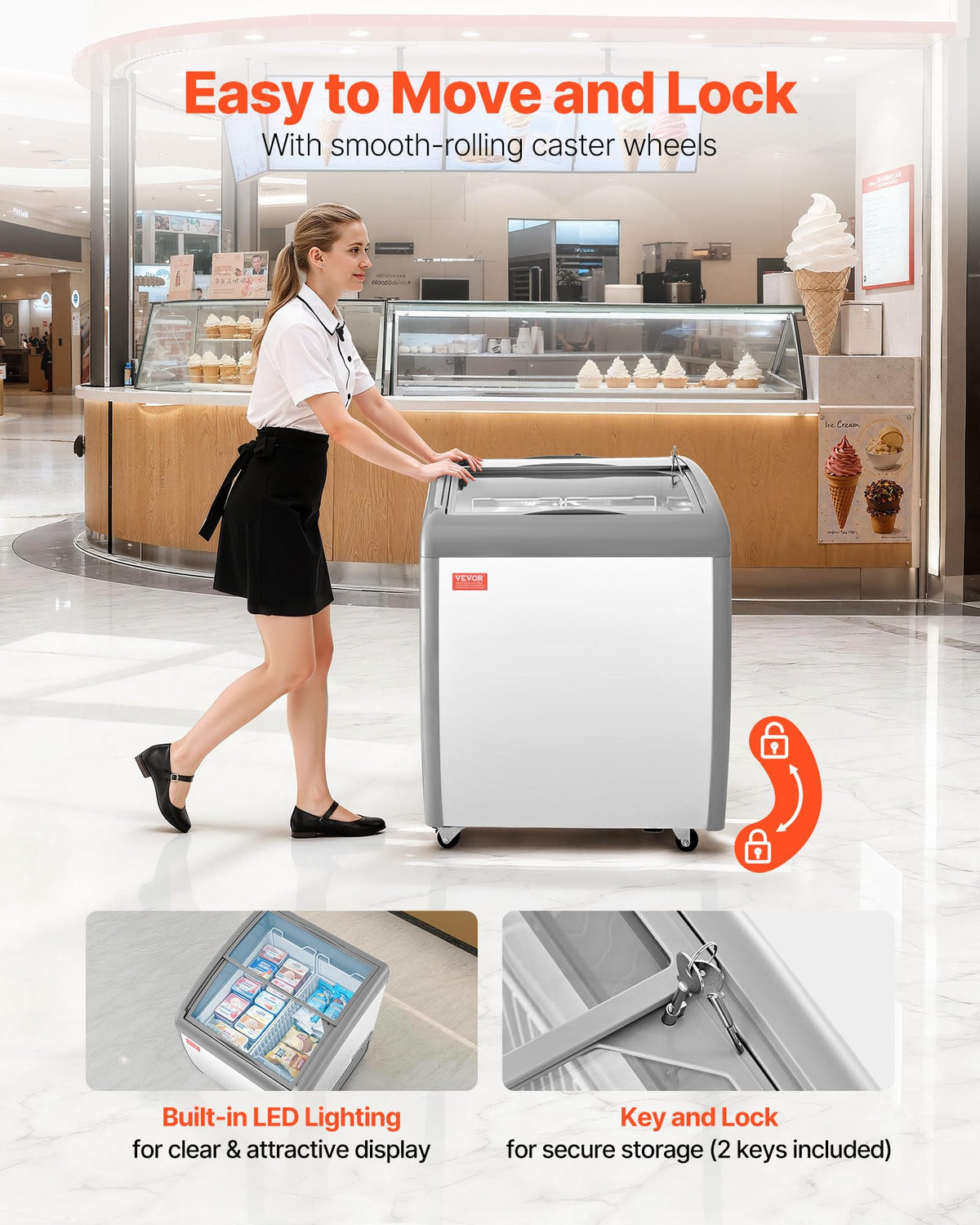 VEVOR Commercial Ice Cream Display Case, 5.4 Cu.ft Chest Freezer, -19 to 3℉ Temp Adjustable Mobile Top Deep Freezer with 2 Wire Baskets, 2 Sliding Glass Doors, Locking Casters & LED Strip Lighting