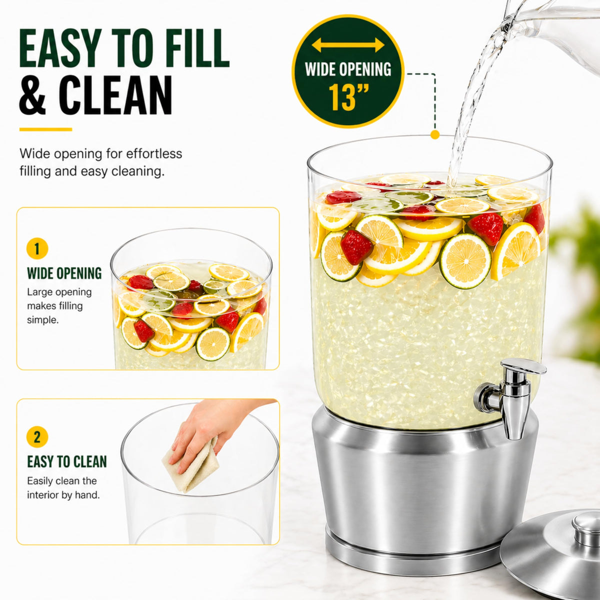 Drink Dispenser with Ice Chambers, Lemonade Tea Water Dispenser with Spigot, Stainless Steel Beverage Jar Jug, Perfect for Home Parties, Weddings, Gifts & Events (Silver, 3, Gallons)