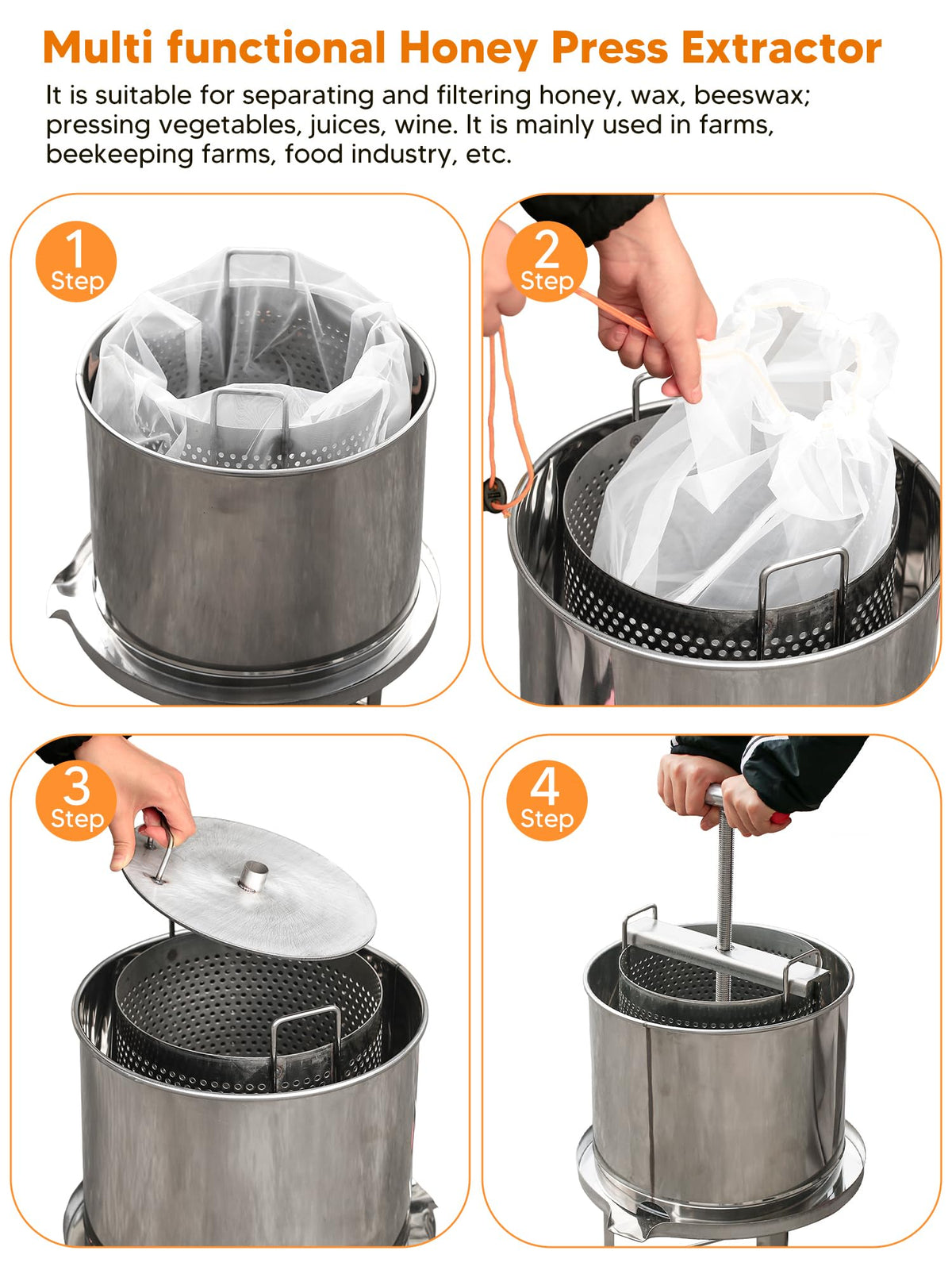 Duseu Honey Press Extractor Machine, Stainless Steel Honey Spinner Extractor Manual, Uncapping Needle Roller, 4 PCS Mesh Honey Strainer Bag, Honey Extraction Equipment for Wine Honey and Juice Making