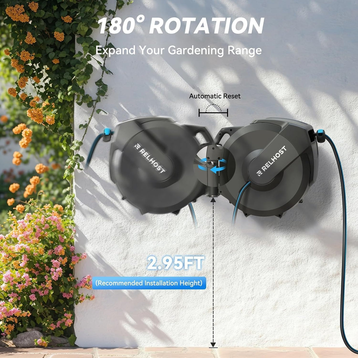 Relhost Retractable Garden Hose Reel, 5/8 in x 100 ft Wall Mount Heavy Duty Hose Reel with Any-Length Lock, Auto Rewind System, 180° Swivel Bracket, and 10-Pattern Nozzle for Garden, Dark Grey