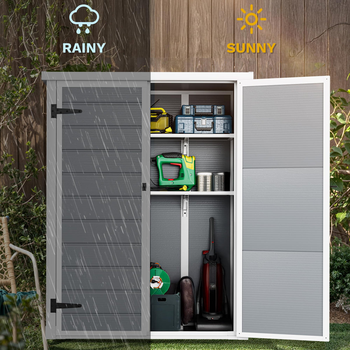 DWVO Outdoor Tall Storage Shed 50 Cuft with 2 Shelves, 4.3x2x5.5ft Vertical Tool Shed with Floor & Lockable Doors, Sturdy Double-Wall Plastic Cabinet for Garbage Cans and Garden Equipment