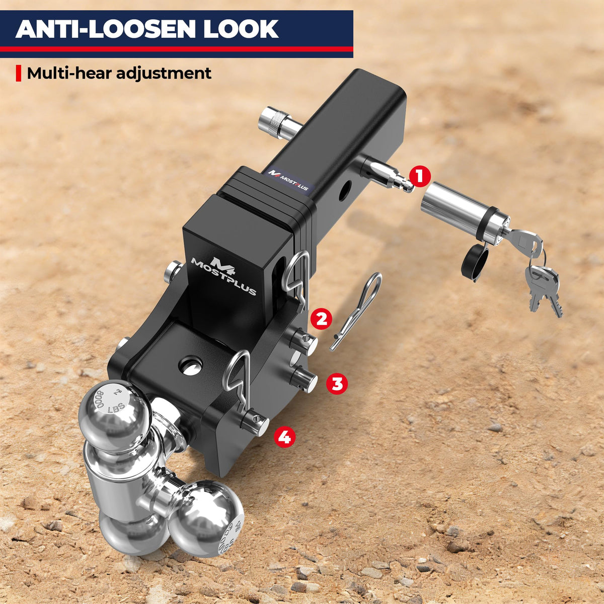 MOSTPLUS Trailer Hitch, 2.5 Inch Receiver, Tri-Ball Mount with 2" & 2-5/16" & 1-7/8" Balls, 5,000-20,000 LBS GTW, 4" Adjustable Height Heavy Duty Towing Hitch for Most Truck & SUV