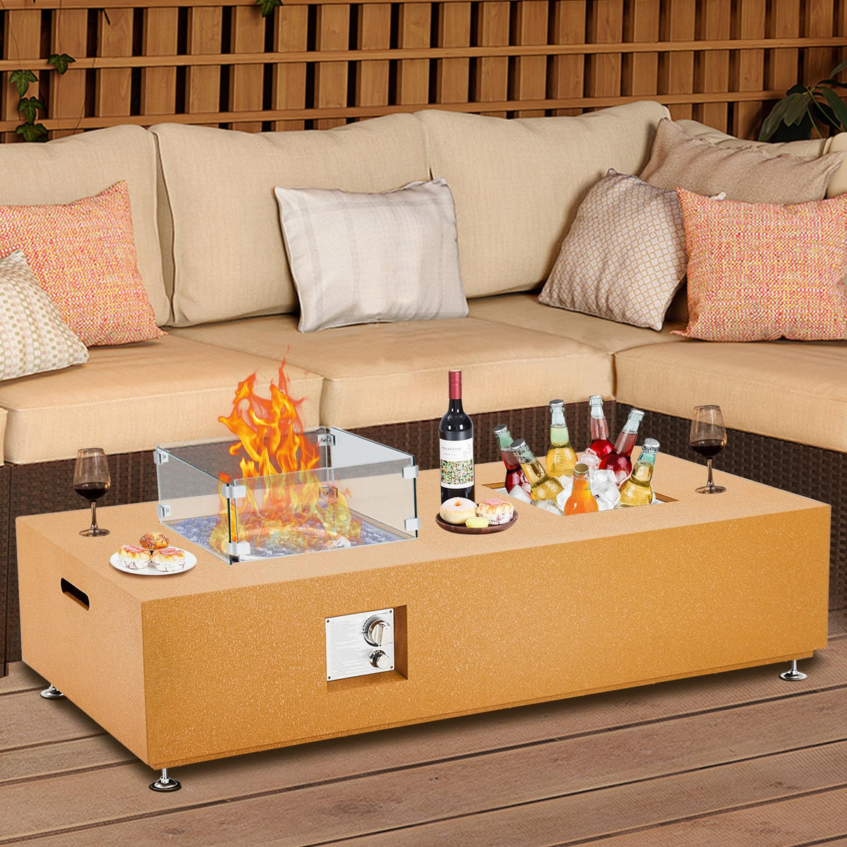 GarveeLife 56" Propane Fire Pit Table with Ice Bucket，50000BTU Fire Table with 13" Square Drink Ice Bucket Wind Guard, Fire Glass Beads & CSA Safety Certified Outdoor Firepit for Patio Garden(Orange)