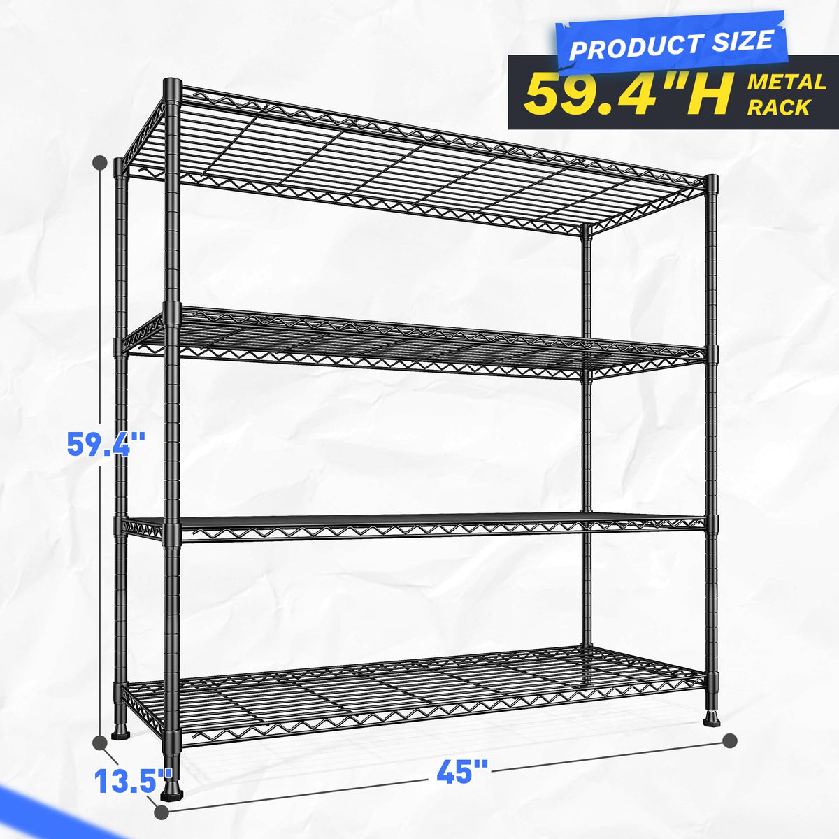 45 "W Metal Shelving Unit 4 Tier Storage Shelves Adjustable Wire Shelving Metal Shelf Pantry Shelves Wire Rack Commercial Shelving for Kitchen Pantry Utility Room Garage 45 "W x 59.4 "Hx 13.5" D Black