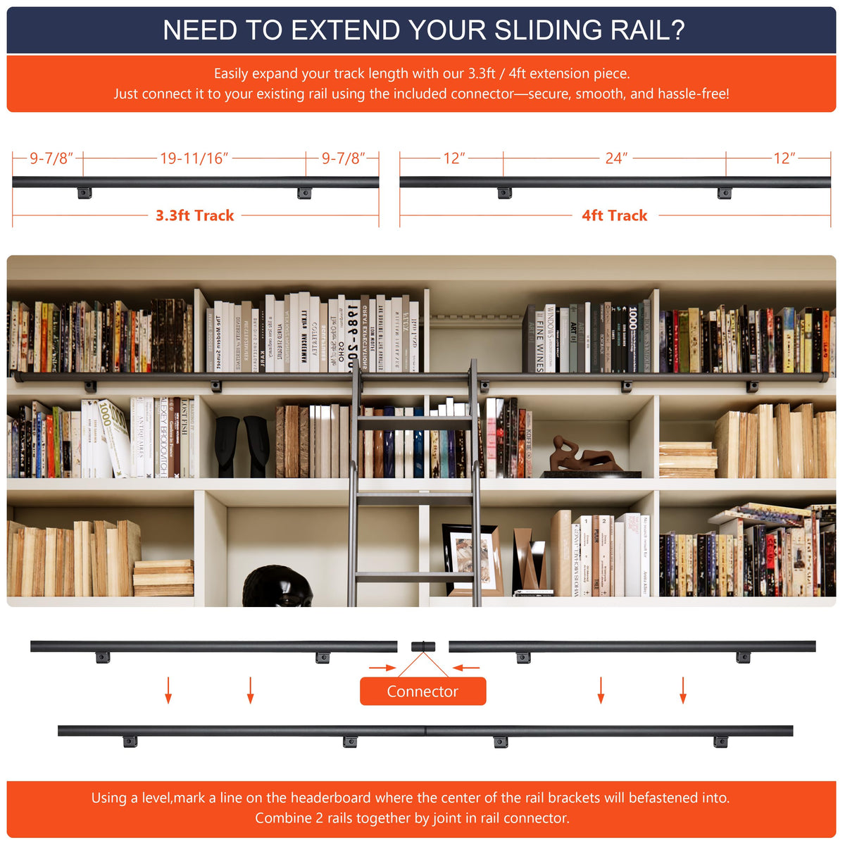 HARDJULAN 87" Telescopic Sliding Library Ladder with Handrail – Lightweight Aluminum Rolling Ladder with Braking Wheels, 4FT Hook Ladder Track Kit for Home, Loft, and Bookshelves