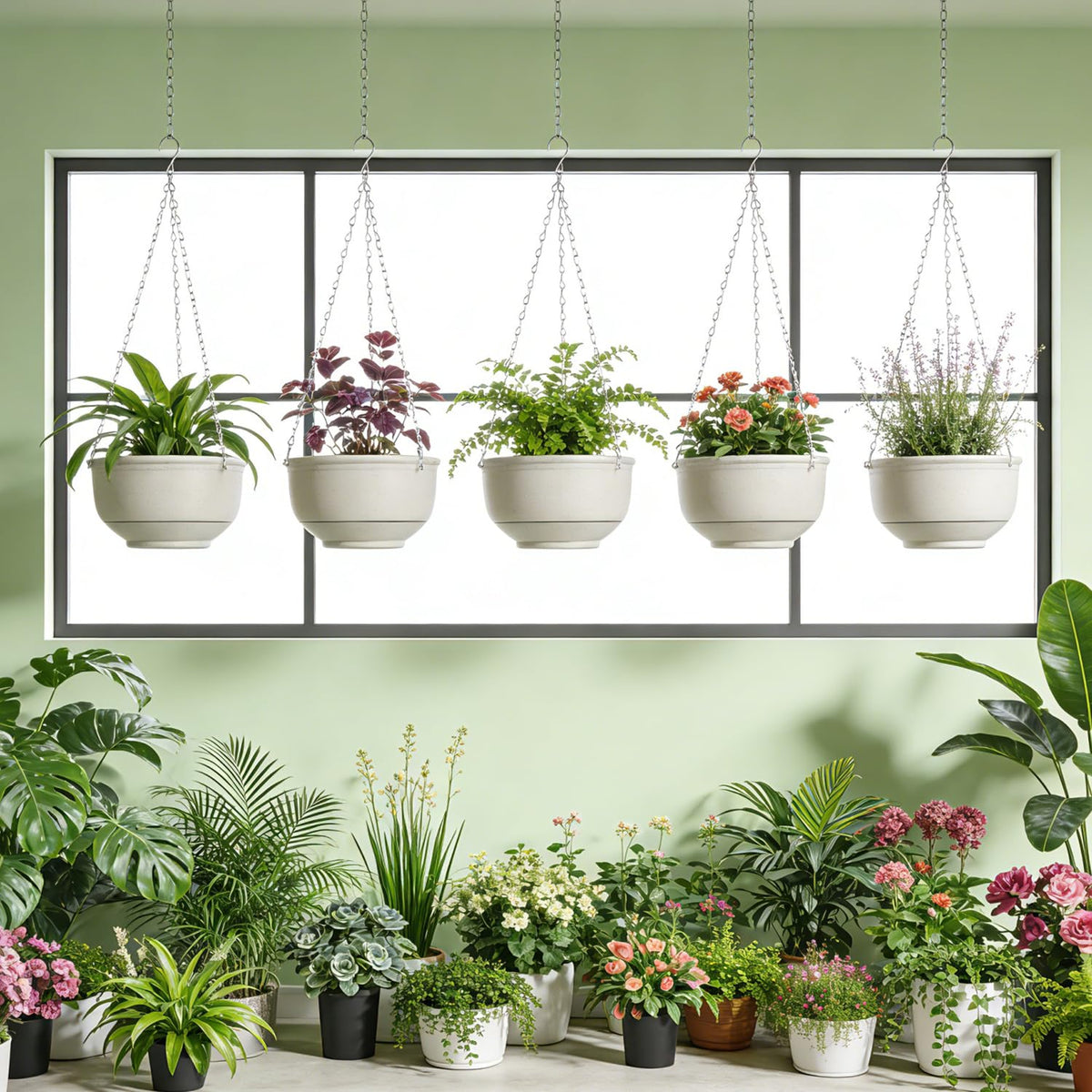 VIDELLY 9 Inch Hanging Planter 2-Pack, Beige Hanging Flower Pots with Chains – Indoor Outdoor Hanging Baskets with Drainage Holes for Balcony, Patio, Garden & Small Space Decor