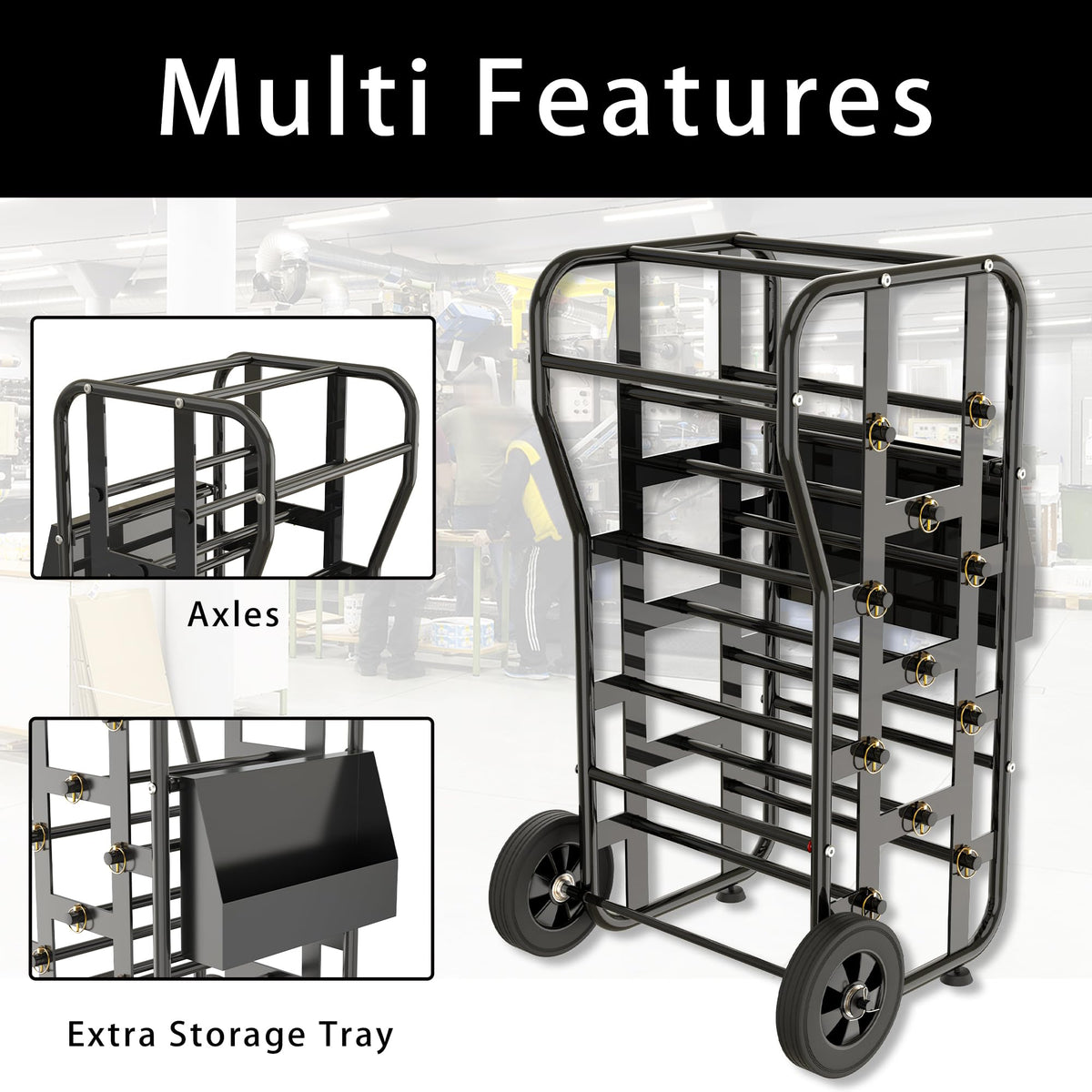 Wire Spool Rack for Wire Spool, Portable Wire Rack Dispenser with Wheels, Automotive Wire Storage, Multi-Spool Wire, Cable Dispenser, Electrical Wire Spool Holder Cart with Storage Tray (Black)