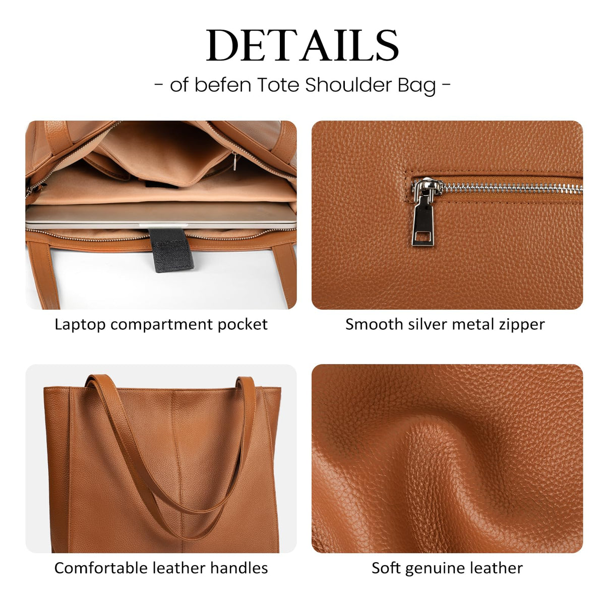 befen Real Leather Tote Shoulder Bags for Women Work, Women's Tote Bag Purses with Compartments for Daily and Travel Cognac Brown