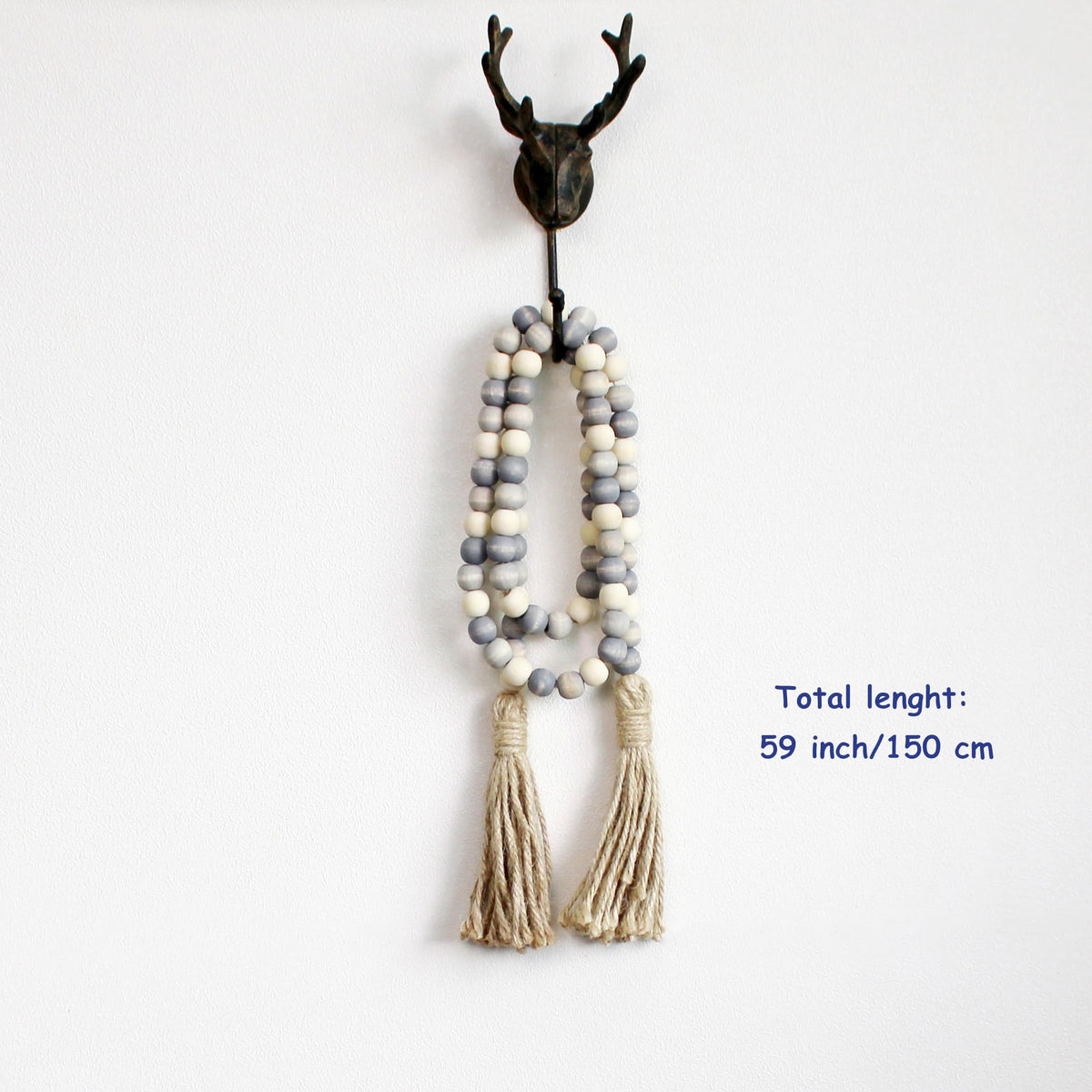 CVHOMEDECO. Wood Beads Garland with Tassels Farmhouse Rustic Wooden Prayer Bead String Wall Hanging Accent for Home Festival Decor. Grey Mix Distressed