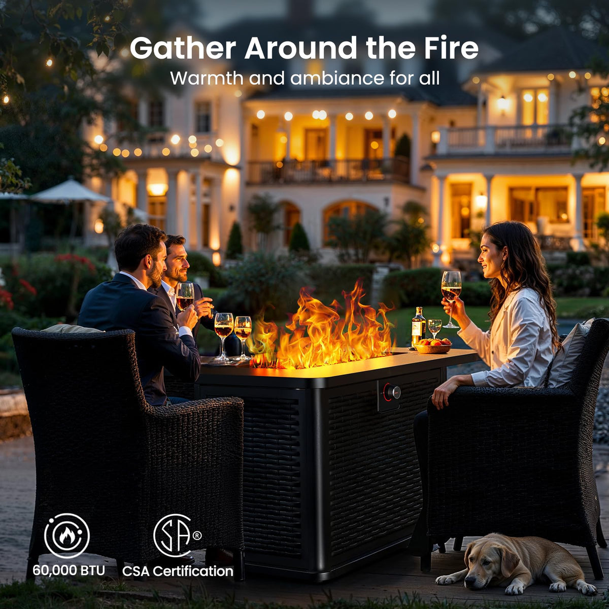 Ciays 43-Inch Rectangular Propane Fire Pit with 60,000 BTU Output, Gas with Rocks, Table CSA-Certified 2 in 1Table Gatherings Parties with 304 Stainless Steel H-Burner
