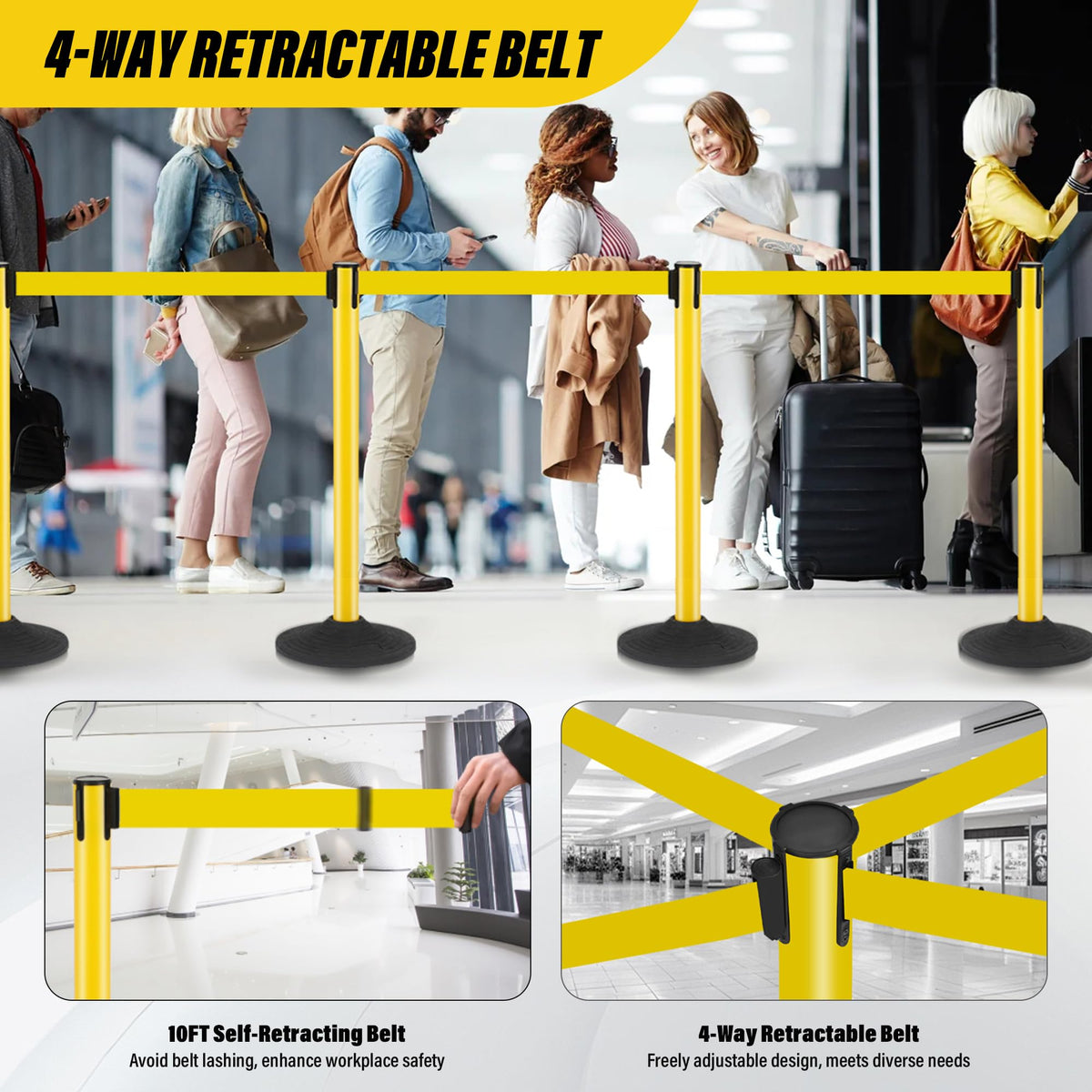 STARSIGNS 6 Pack Crowd Control Barriers - Weighted Base Stanchions with 10 Feet Retractable Belts Yellow Stanchion Posts Set for Retail, Banks, Public Spaces