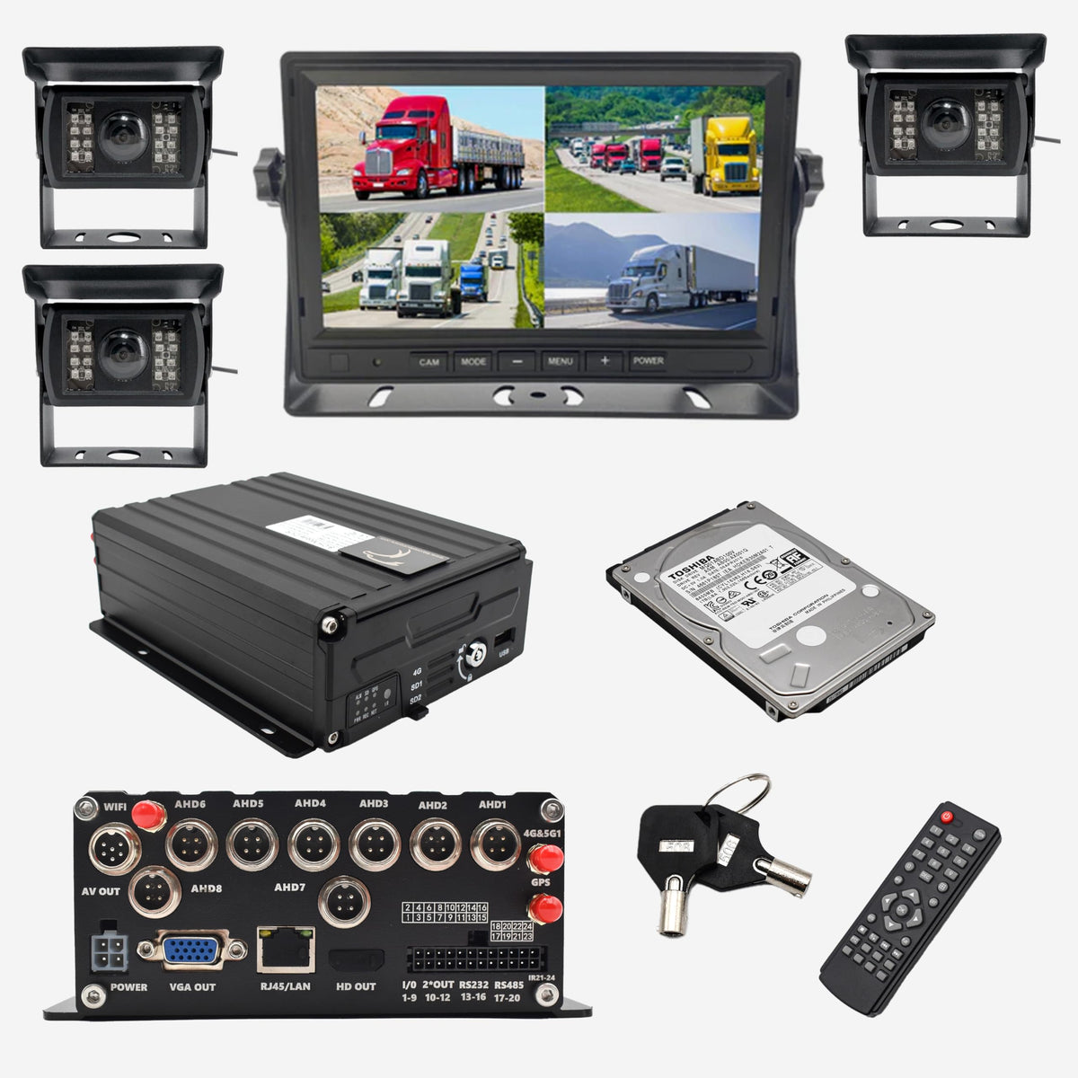 Falcon Eye 3-8 Cam Live Streaming Fleet Management System: 3 HD Night Vision Weatherproof Cameras, 1TB Storage, GPS Tracking, Black Box, Remote WiFi/4G App Access, LCD Monitor & 3 Pro Cables