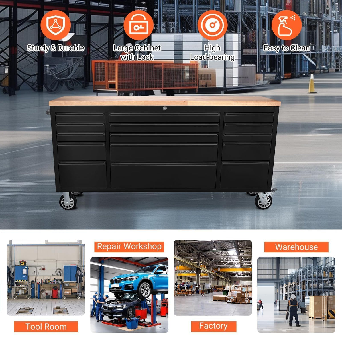 72" Heavy Duty Rolling Tool Chest,Locking Steel Tool Cabinet with 15 Drawers Mobile Workbench with Rubber Wood Work Surface Tool Box with Wheels for Workshop