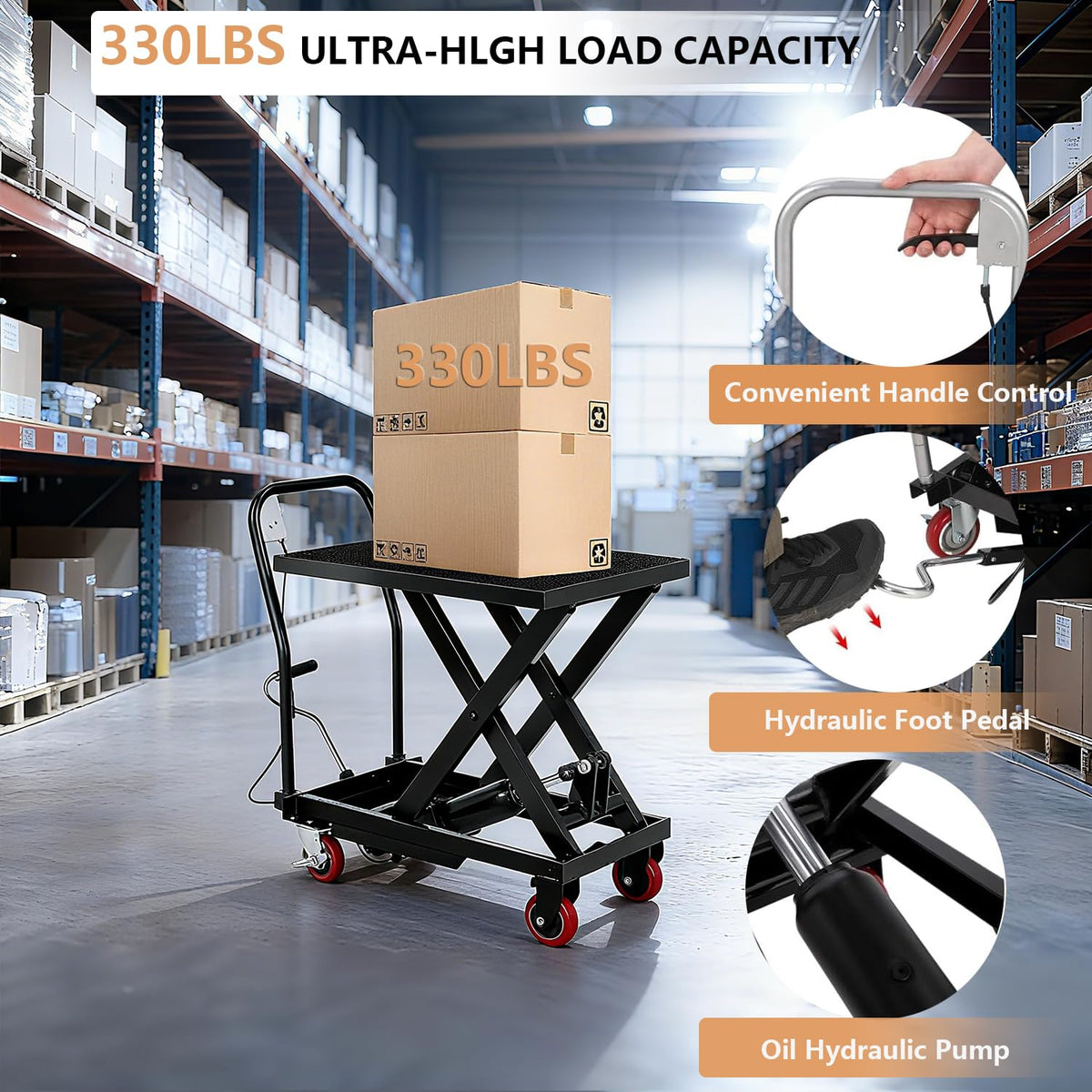 330LBS Hydraulic Lift Table Cart, 28.5" Lifting Height Hydraulic Material Lift Pallet Truck with 4 Locking Wheels for Material Handling and Transportation