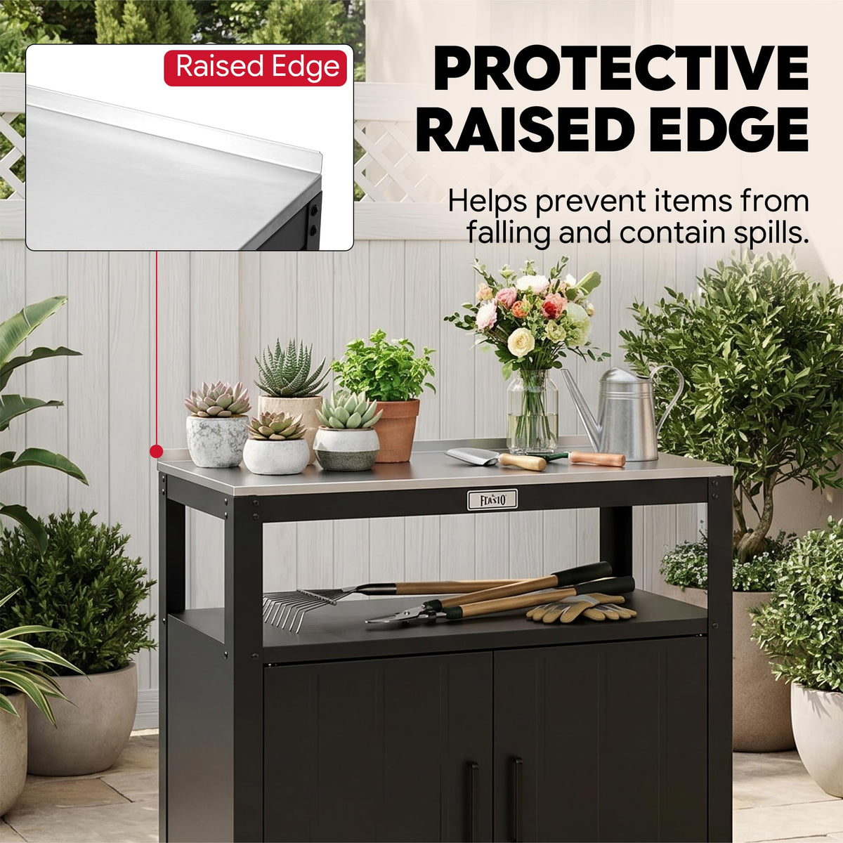 Feasto Outdoor Potting Bench with Storage, Stainless Steel Tabletop Garden Work Bench with Storage Cabinet & Removable Inner Shelf for Patio Lawn Outdoor Gardening