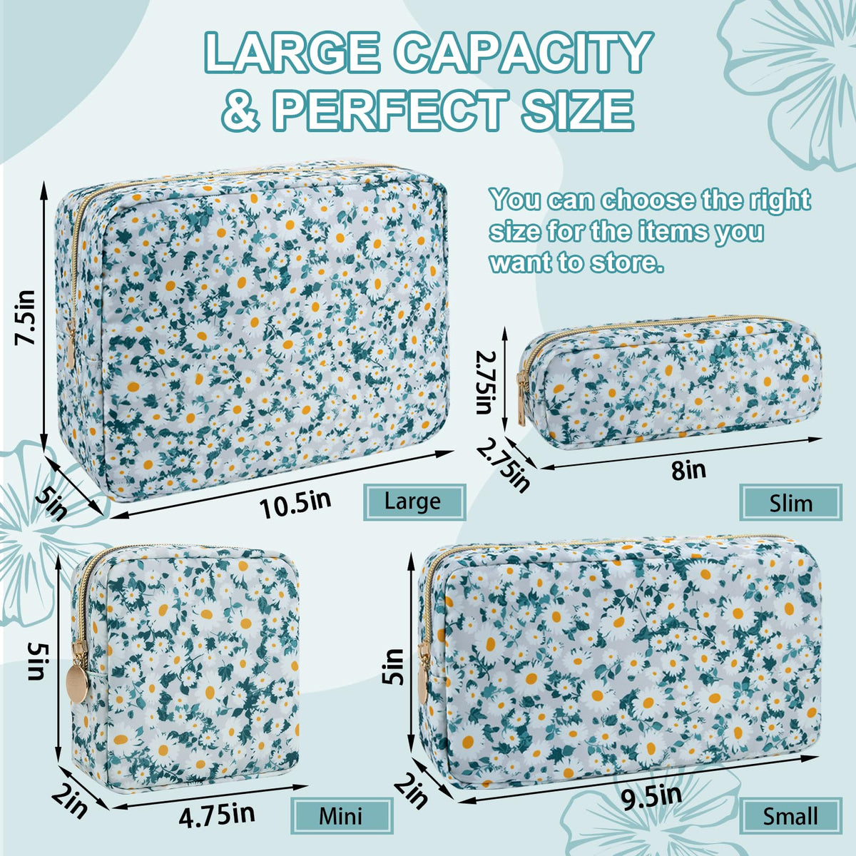 UIXIZQ Waterproof Mini Floral Makeup Bag Pouch for Purse,Nylon Flower Cosmetic Travel Bag Small Preppy Toiletry Organizers Bag for Women Girl,Cute Zipper Pouch Coin Purse for Work(Mini Green-Daisy)