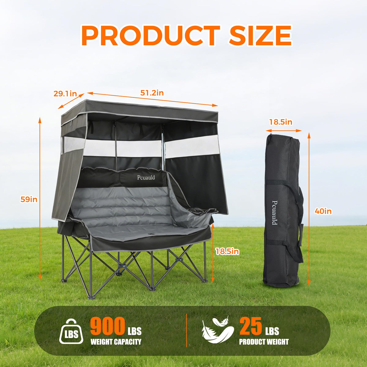 Pcuauld Double Camping Chair with Canopy Heavy Duty 2 Person Folding Loveseat Beach Chair with Shade High Back Oversized Outdoor Camping Couch with Cup Holders & Wine Racks for Lawn, Fishing, Sports