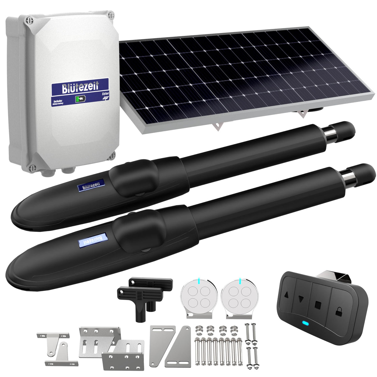 Blütezeit MS650 Solar Dual-Arm Swing Gate Opener + Visor Clip Remote – 1760 lb Operator with 24V Battery, 25W Solar Panel & Car-Mount Remote