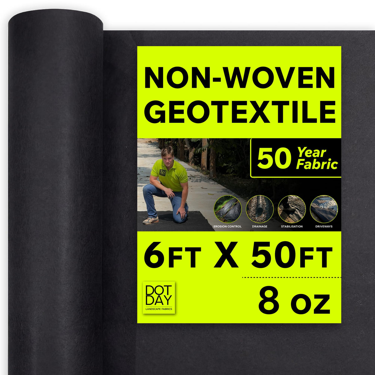 DOTDAY 8 oz Non-Woven Geotextile Fabric 6ft x 50ft, Heavy Duty Driveway Underlayment for Gravel, French Drain Fabric, Paver Base & Erosion Control, UV-Stabilized Permeable, Black, Terra