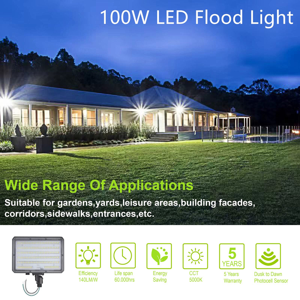 Paktonvo 100W LED Flood Light with Knuckle, Outdoor floodlight Dusk to Dawn Photocell 5000K 14000lm AC100-277V Equivalent 1000W, ETL Waterproof Wall Mount LED Security Light for Yard Garden 2 Pack