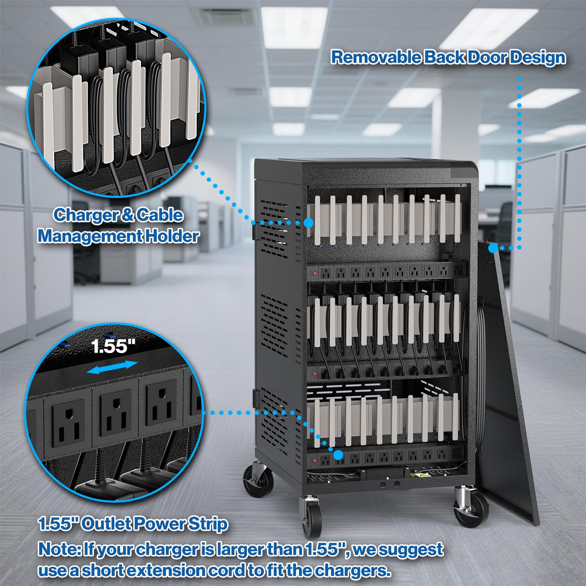Fully Assembled 30 Unit Device Charging Station for Chromebook, iPad, 14'' Laptop - Pre Built Charging Cart with Charger Cable Management, Circuit Breaker, Grounding Protection (Black)