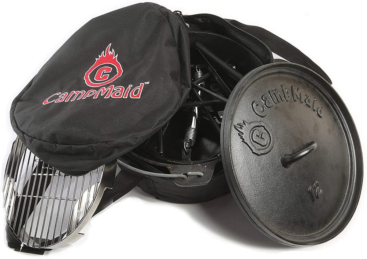 CampMaid Outdoor Cooking Set - Dutch Oven and Tools Set - Charcoal Holder & Cast Iron Grill Accessories - Camping Grill Set - Outdoor Cooking Essentials - Camp Kitchen Equipment - (6 Piece Set)