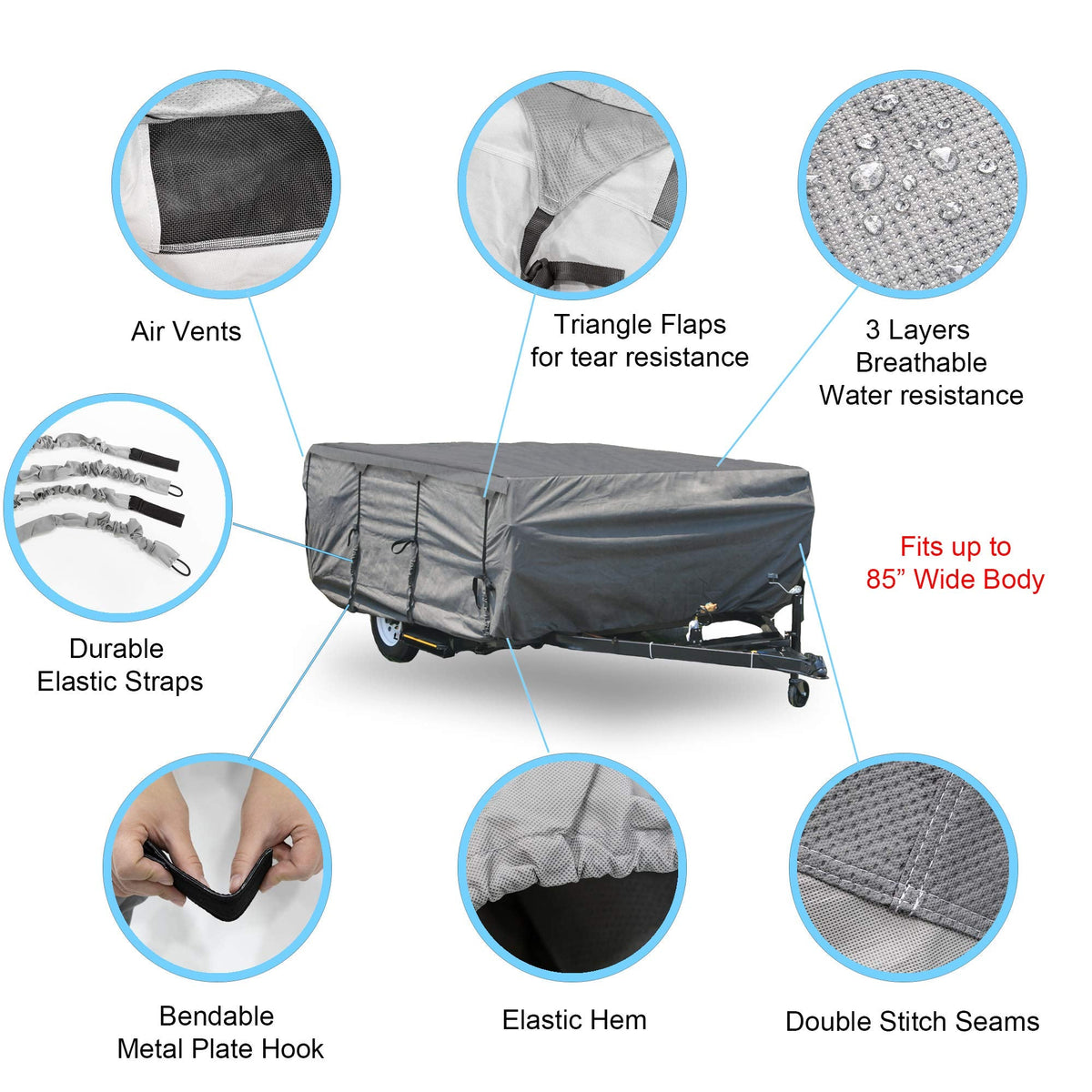 GEARFLAG Pop-up Folding Camper Cover Reinforced Windproof Side-Straps Fits 12'-14', Anti-UV Water-Resistance Heavy Duty Triple Layers for Trailer RV (Fits 12' - 14')