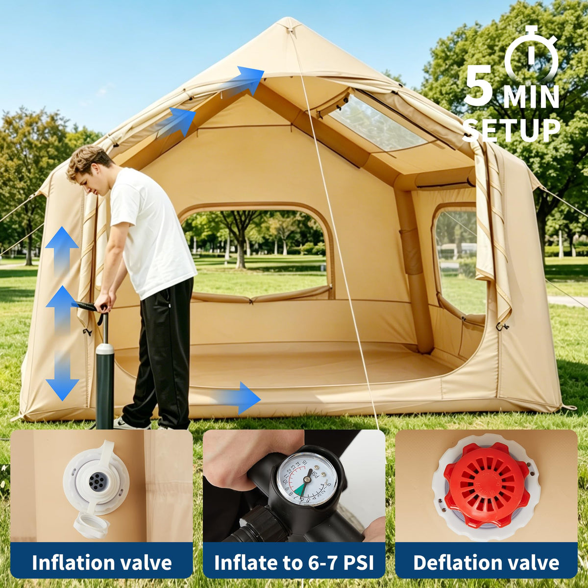Inflatable Camping Tent for 3-5 Person, Quick Setup Blow Up Tent with Hand Pump, 210D Oxford Air Glamping Tents with Skylight & Stove Jack, 4 Season for Outdoor Camping, Beach, Hiking