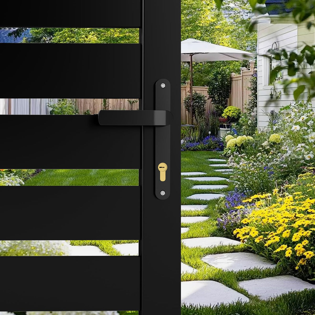 Mondaria Aluminum Double Fence Gate, 6FT H x 10FT W Outdoor Driveway Privacy Gate with Heavy Duty Metal Frame, Rustproof Powder-Coated Gate with Lockable Handle Kit, Horizontal Slat (Without Post)