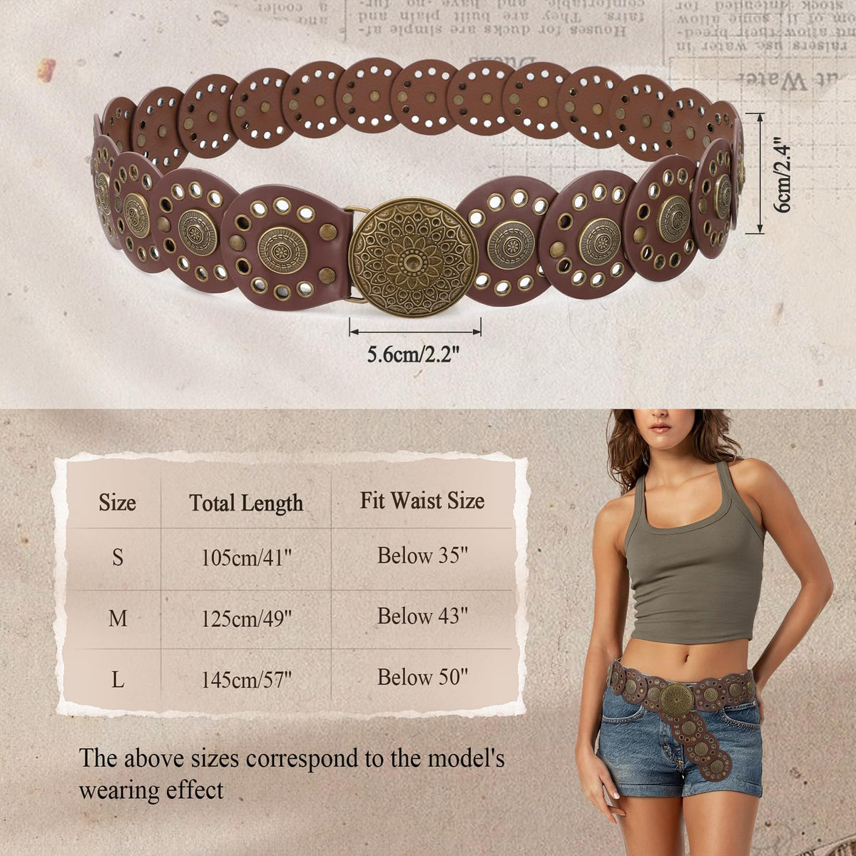 WHIPPY Western Belts for Women Vintage Disc Waist Belts Concho Leather Belts Boho Waist Belt for Dress Jeans, Bronze Brown, S