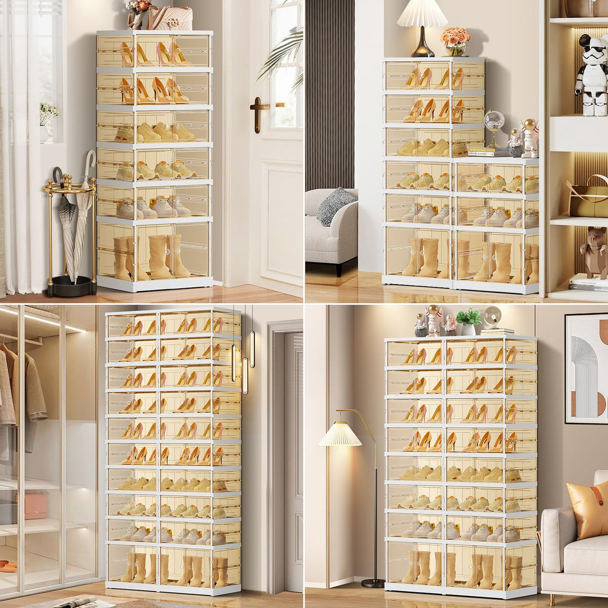 EHAMILY 8 Tiers 16-32 Pairs Foldable Shoe Rack for Closet Plastic Stackable Shoe Boxes for Garage Collapsible Shoes Shelf with Doors Storage Organizer Cabinet Quick Assembly,Brown