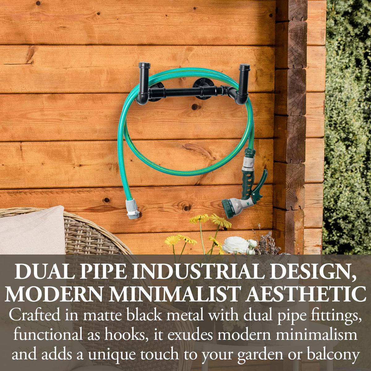MyGift Wall Mounted Garden Water Hose Hanger, Industrial Matte Black Metal Hanging Waterhose Reel Holder Storage Rack with Decorative Dual Pipe Fittings