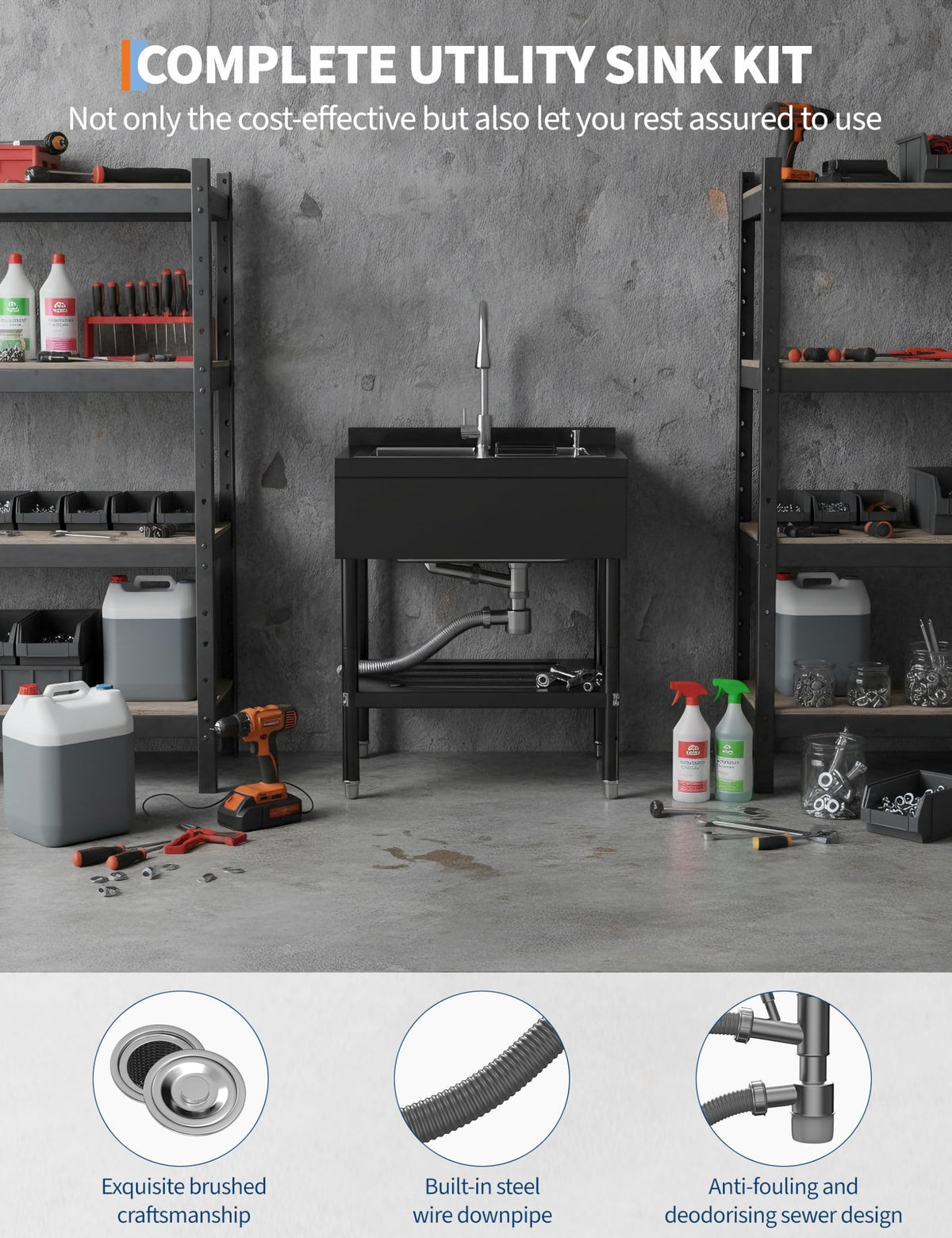 Freestanding Laundry Utility Sink, 31.1" × 22" × 37.8" Utility Sink with Washboard Set with Bracket and Drain Kit for Workshop, Laundry Room, Shop, Man Cave Outdoor and Indoor