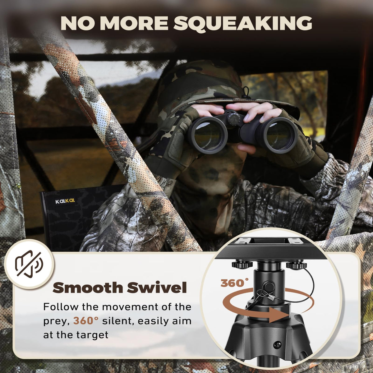 Kalkal Hunting Seat, 300lbs Silent Swivel Folding Chair for Blinds, Portable 360° Swivel with 4 Adjustable Legs