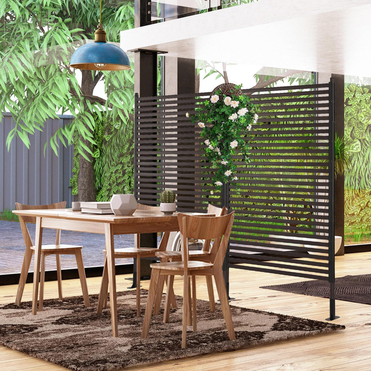 OTOSUNNY Metal Outdoor Privacy Screen with Stand, 4 ft W x 6 ft H PE-Coating Steel Pipes and Slats Panels, Decoative Privacy Screen Fence Panels Freestanding for Outside Patio Garden Backyard, Brown