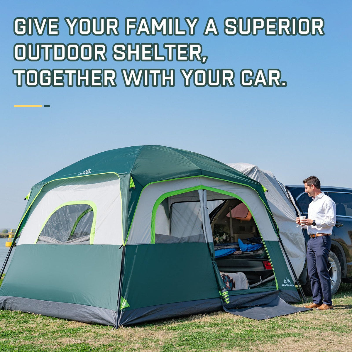 JELUCAMP SUV Tents for Camping 6 Person Waterproof, Car Family Camping Tent with Tailgate Attachment for SUV, Jeep, Truck with Cap, Easy Setup Large Tent for Outdoor Camping, Dark Green
