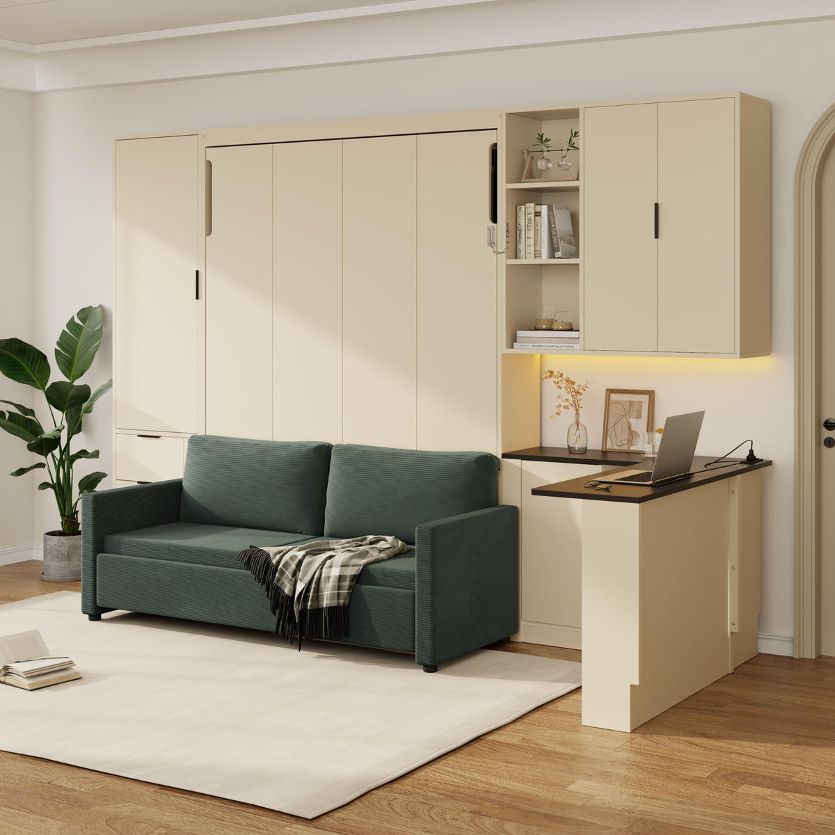 Murphy Bed Queen Bed Frame with Headboard,Hydraulic Storage,Sofa,Hydraulic Lift Wood Wall Murphy Beds w/Shelves & Drawers,LED/USB Lighting,Desk,2 Pillows,Hideaway Bedframe for Bedroom,Beige