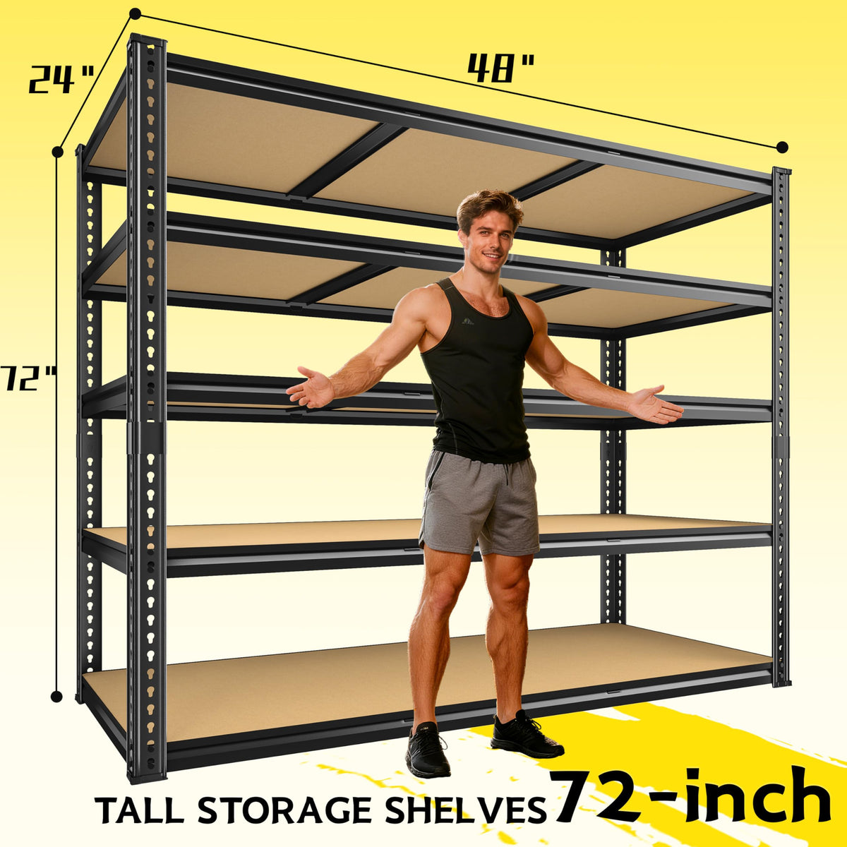 48" W Garage Shelving Heavy Duty 3080LBS Garage Storage Shelving, 5 Tier Adjustable Metal Shelving Unit Utility Rack Shelf for Warehouse, Pantry, Closet, Kitchen 72" H x 48" W x 24" D,Industrial，Black