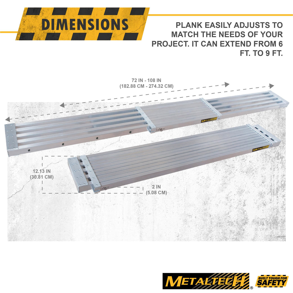 Metaltech M-PEP7000AL Telescopic Aluminum Plank Board, 6 to 9-ft. Adjustable Work Platform for Step Ladders and Sawhorses, Work Plank, Ladder Accessory, and Scaffold Tool for Home Improvement